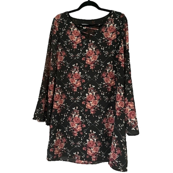 XHILARATION Black and Dusty Rose Floral Bell Sleeve Dress - Picture 2 of 6